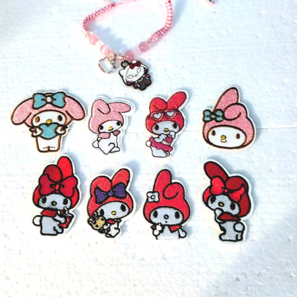 Package of 8 Sanrio Hello Kitty My Melody Embroidered Iron-On Patches & Bracelet